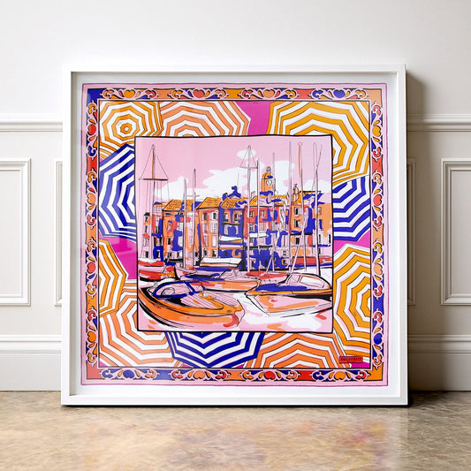 Framed Emilio Pucci Cities of the World: Saint-Tropez silk scarf, showcasing a vibrant marina scene, styled against a panelled wall in a luxury interior.