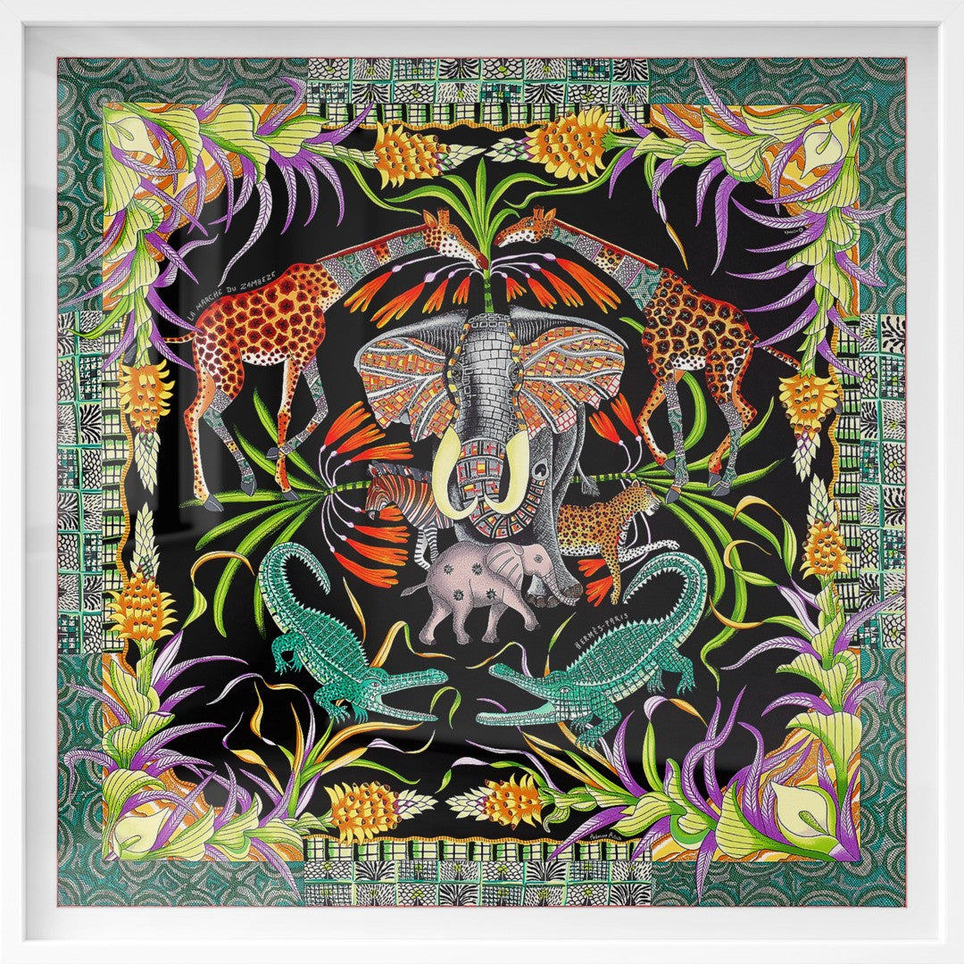 Hermès x Ardmore – Framed Silk Scarf Featuring Elephant and
